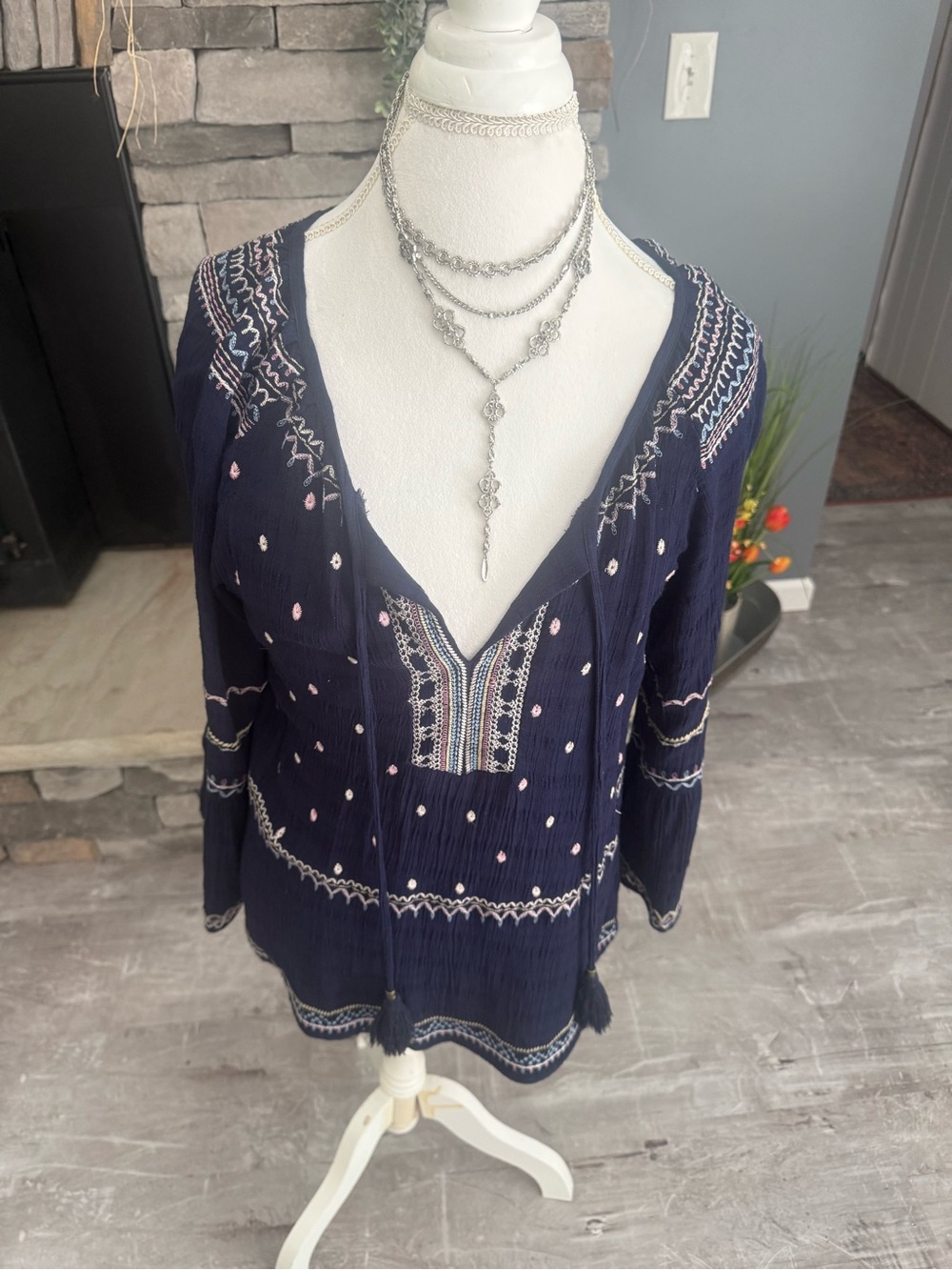 Knox Rose Navy Tunic with Pink & White Embroidery